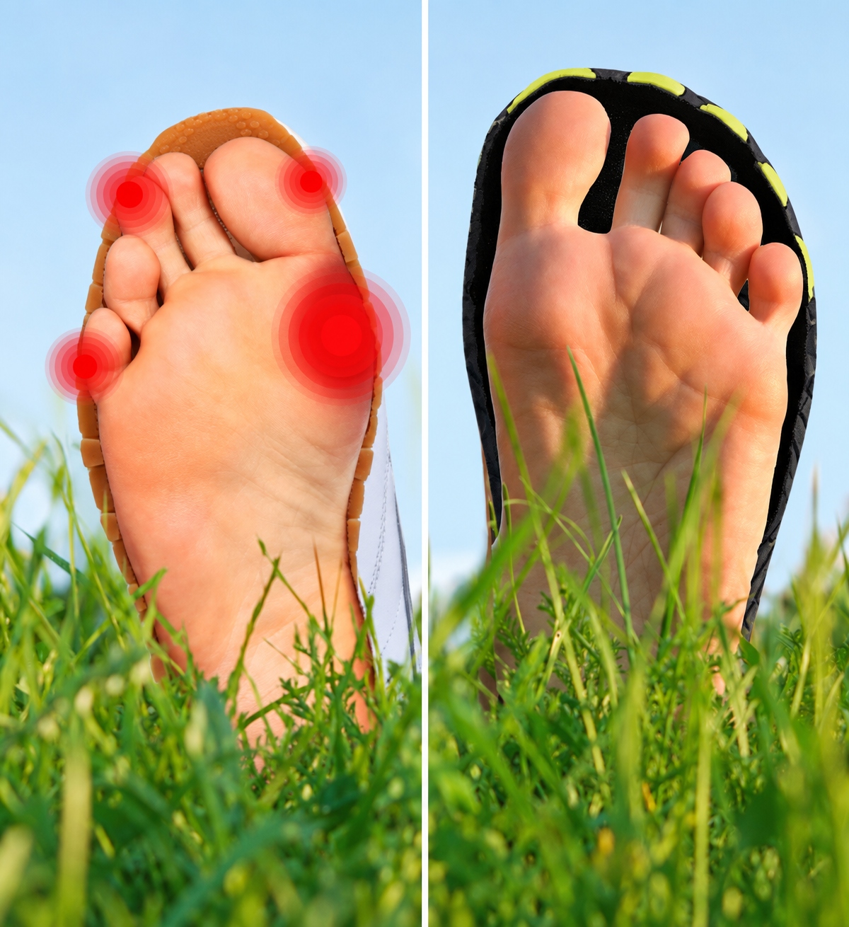 Traditional footwear compared with barefoot footwear