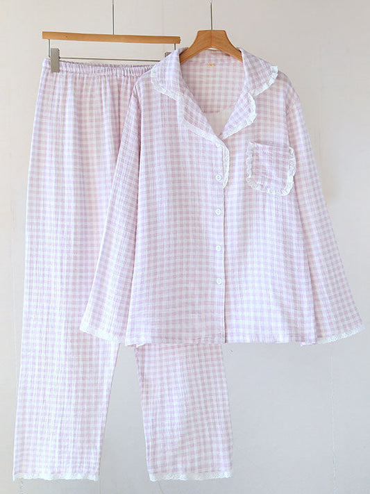 Cotton Lace Trim Plaid Pajama Set