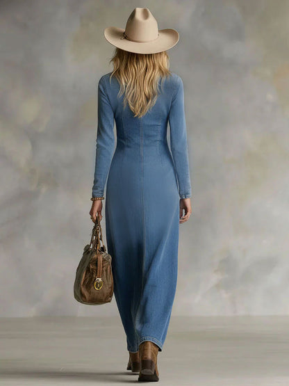 V-Neck Maxi Long Sleeve Dress