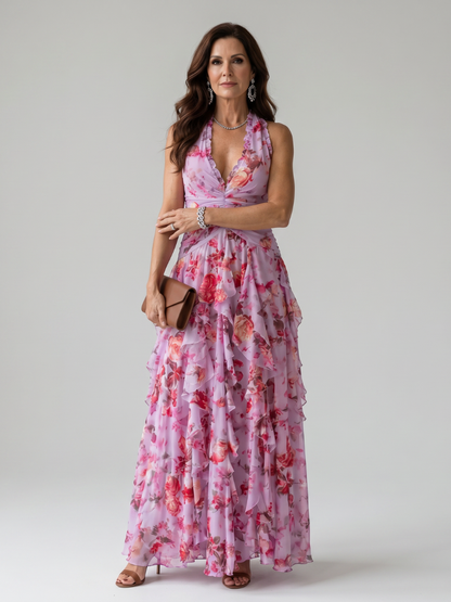 Nori | Floral Halter Ruffle Maxi Dress