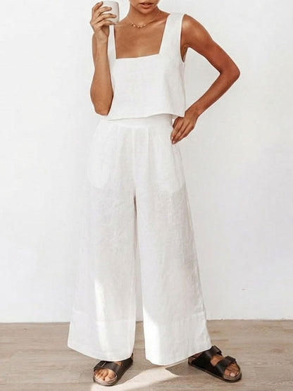 Sleeveless Crop Tank & Wide Leg Pants Lounge Set