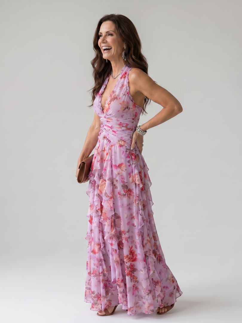 Nori | Floral Halter Ruffle Maxi Dress