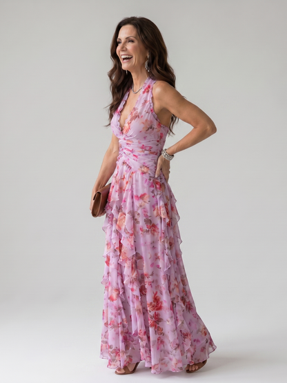 Nori | Floral Halter Ruffle Maxi Dress