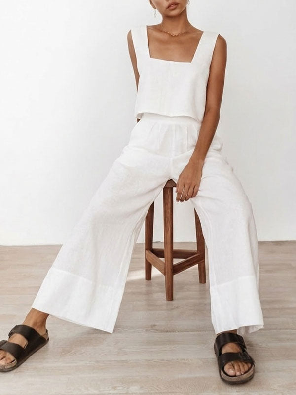 Sleeveless Crop Tank & Wide Leg Pants Lounge Set