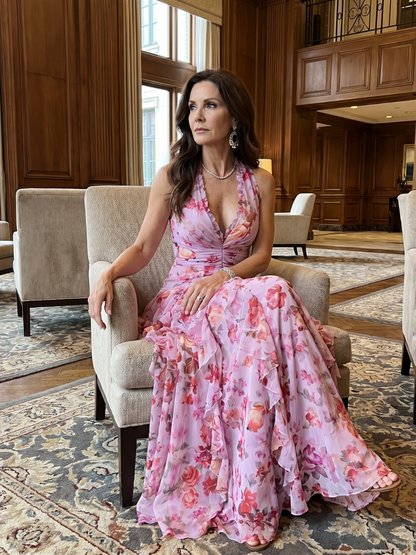 Nori | Floral Halter Ruffle Maxi Dress