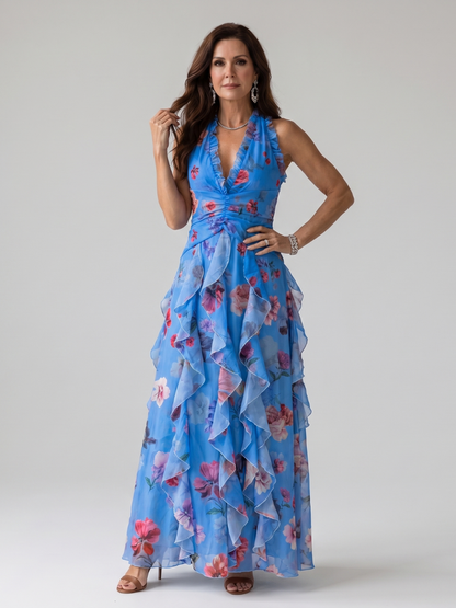 Nori | Floral Halter Ruffle Maxi Dress