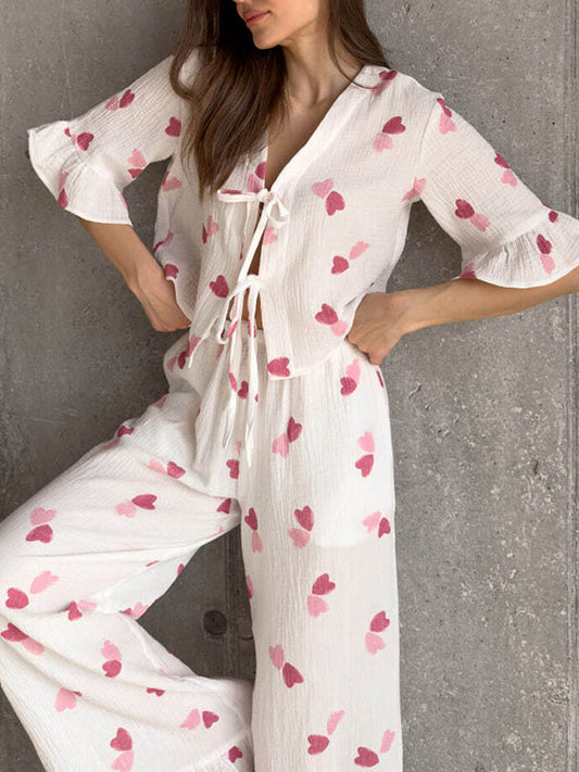 Cute Heart Print Ruffle Pajama Set
