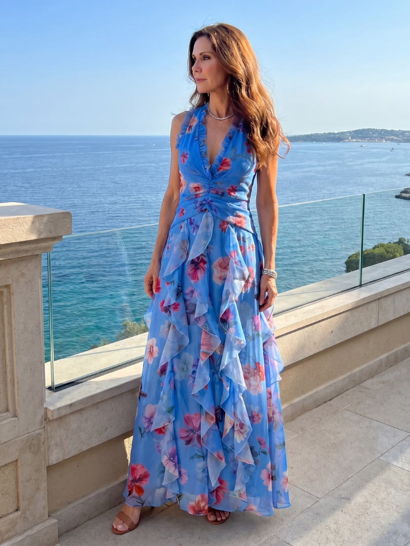 Nori | Floral Halter Ruffle Maxi Dress