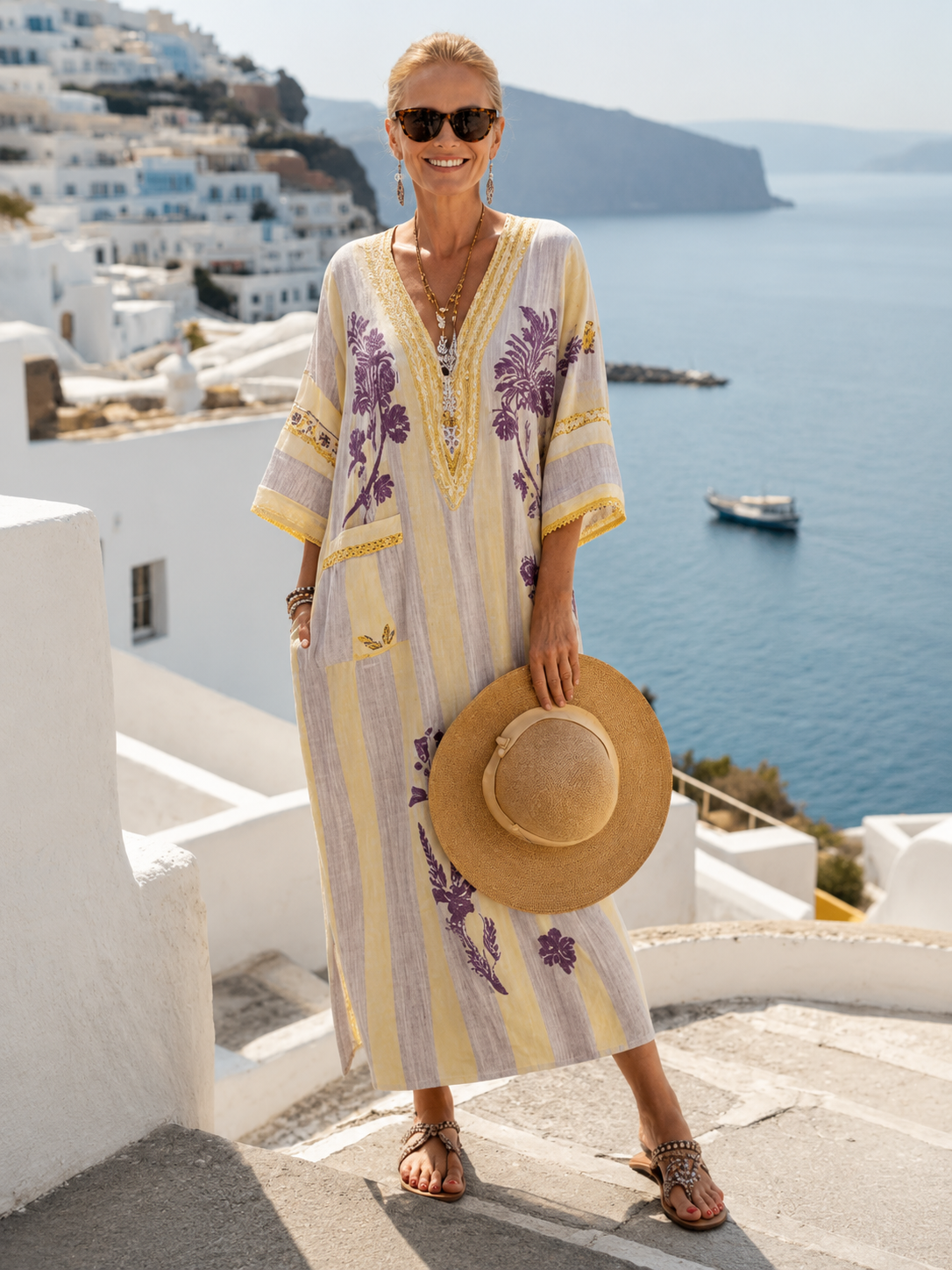 Aurelia | Floral V-Neck Striped Maxi Dress