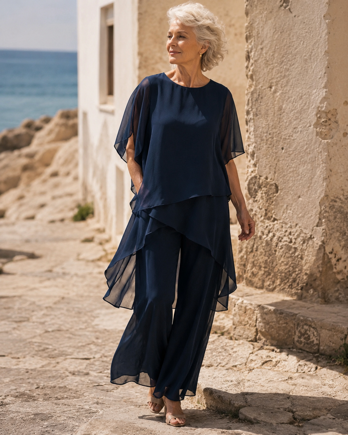 Suit with Draped Palazzo Pants