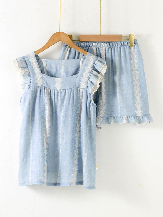Blue Plaid Flutter Sleeve Shorts Pajama Set