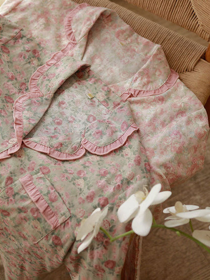 Vintage Ruffled Floral Print Pajama Set