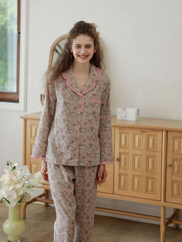 Vintage Ruffled Floral Print Pajama Set