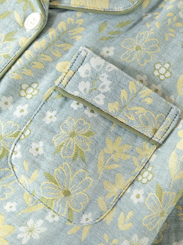 Vintage Floral Print Long Sleeve Cotton Pajama Set