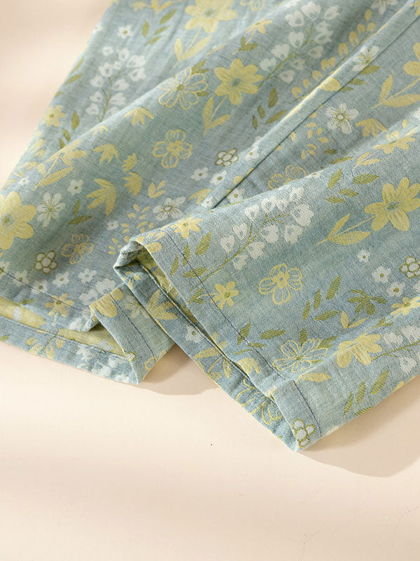 Vintage Floral Print Long Sleeve Cotton Pajama Set