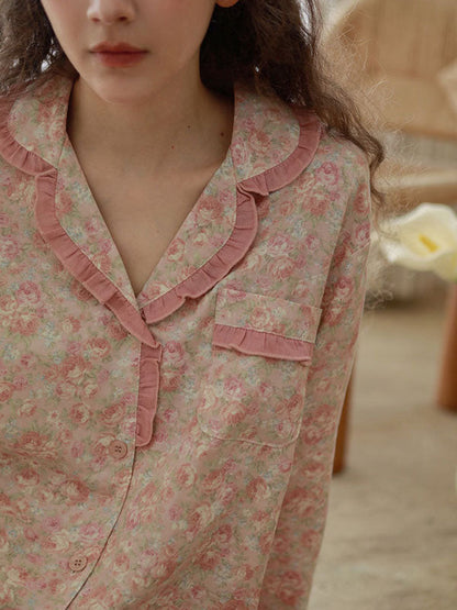 Vintage Ruffled Floral Print Pajama Set