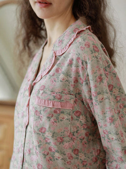Vintage Ruffled Floral Print Pajama Set
