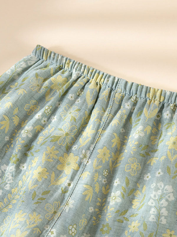 Vintage Floral Print Long Sleeve Cotton Pajama Set