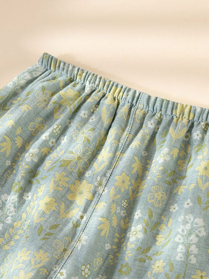 Vintage Floral Print Long Sleeve Cotton Pajama Set