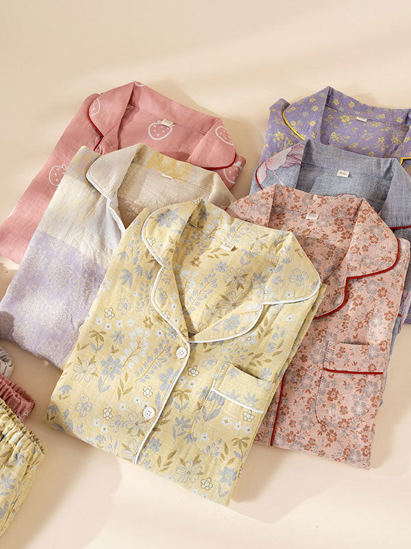 Vintage Floral Print Long Sleeve Cotton Pajama Set