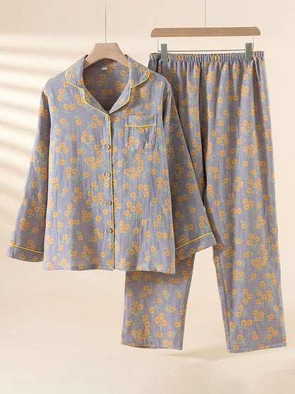 Vintage Floral Print Long Sleeve Cotton Pajama Set
