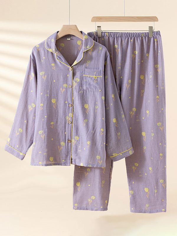 Vintage Floral Print Long Sleeve Cotton Pajama Set