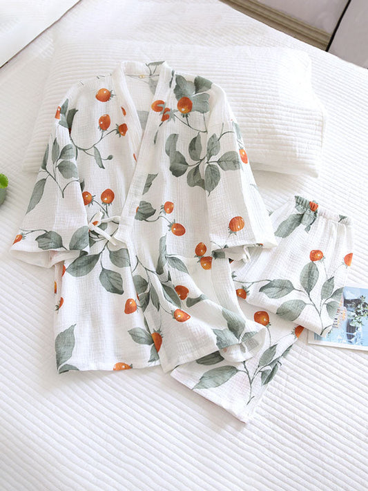 2Pcs Cherry Tomato Kimono Pajama Set