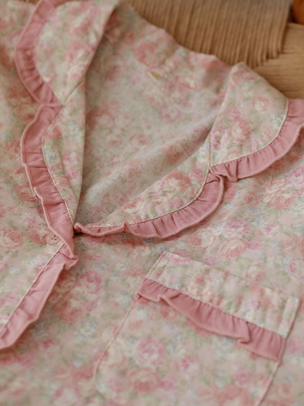 Vintage Ruffled Floral Print Pajama Set