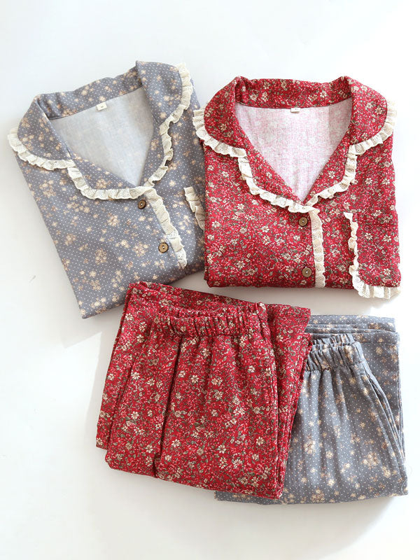 Vintage Floral Lace Trim Pajama Set