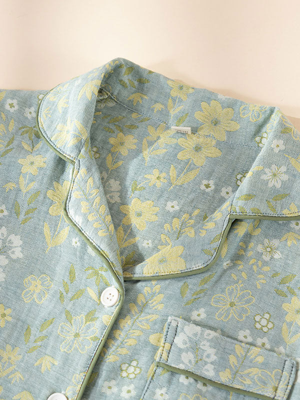 Vintage Floral Print Long Sleeve Cotton Pajama Set