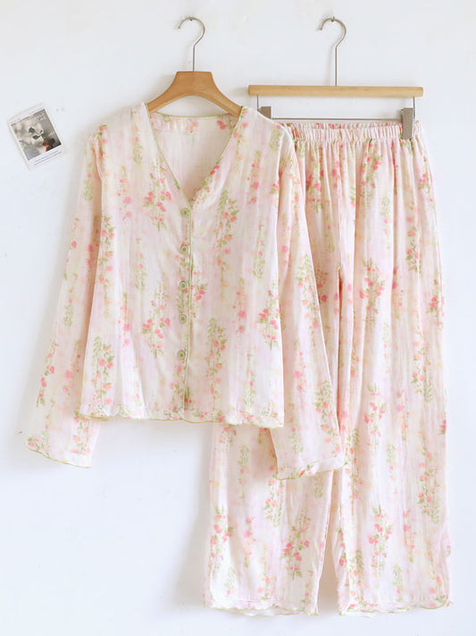 V Neck Button Cotton Pajama Set