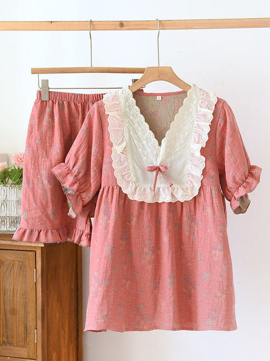 Vintage Blossom V-Neck Pajama Set