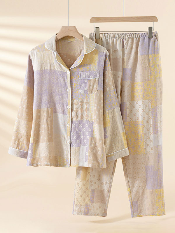Vintage Floral Print Long Sleeve Cotton Pajama Set