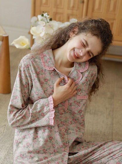 Vintage Ruffled Floral Print Pajama Set