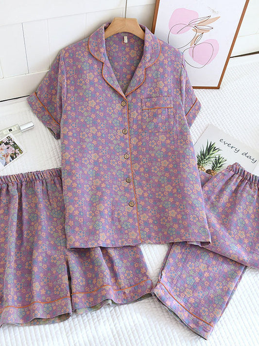 3Pcs Cotton Gauze Short Sleeves Pajama Set