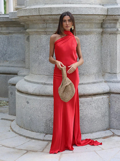 Satin Halter Maxi Backless Dress
