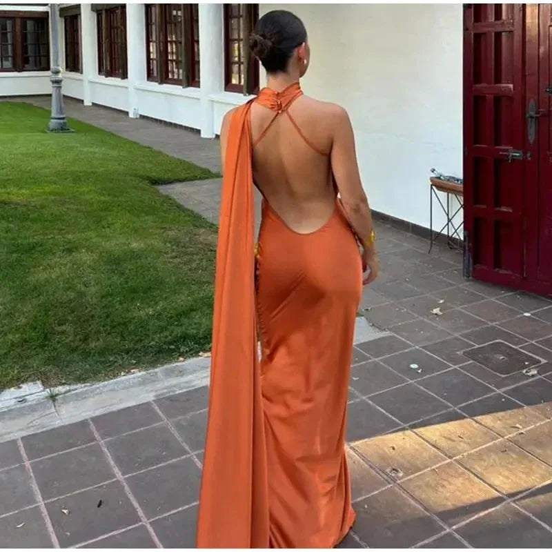 Satin Halter Maxi Backless Dress