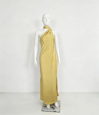 Satin Halter Maxi Backless Dress