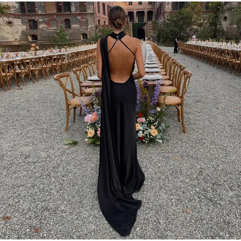 Satin Halter Maxi Backless Dress