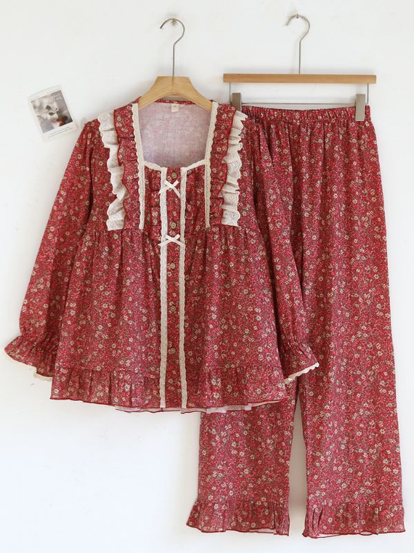 Vintage Floral Lace Trim Pajama Set