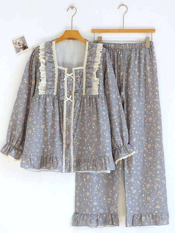 Vintage Floral Lace Trim Pajama Set