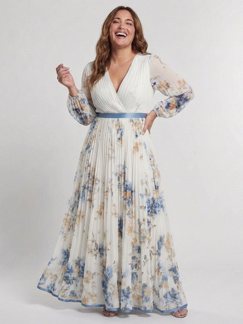 Stella | Floral V-Neck Maxi Long Sleeve Dress