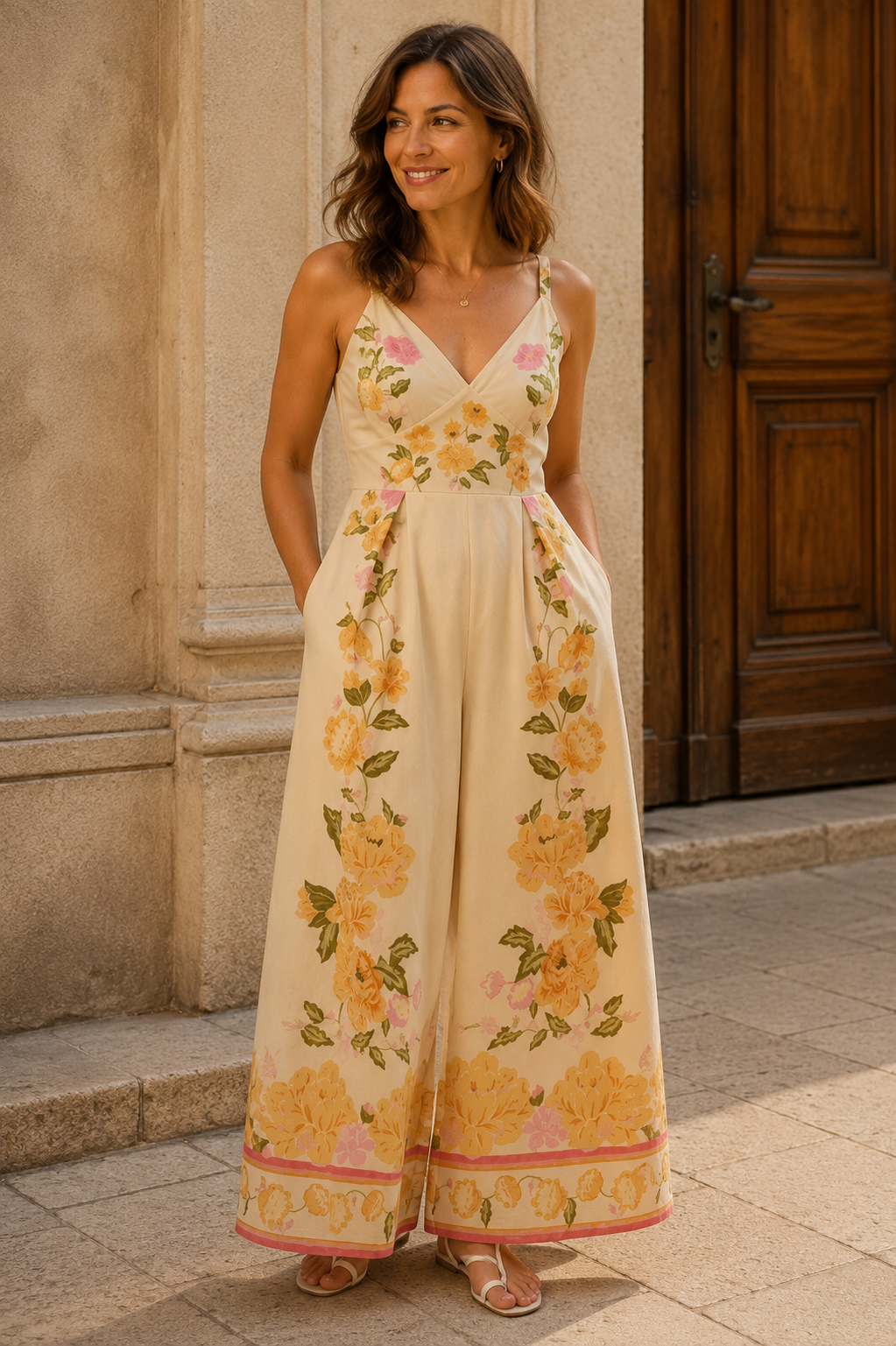 Wide-Leg Floral V-Neck Jumpsuit