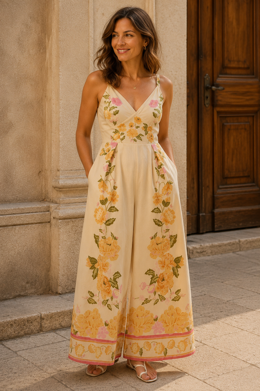 Wide-Leg Floral V-Neck Jumpsuit