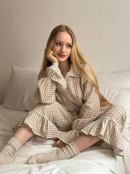 Cream Color Plaid Pajama Set