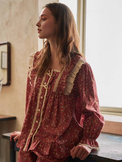 Vintage Floral Lace Trim Pajama Set